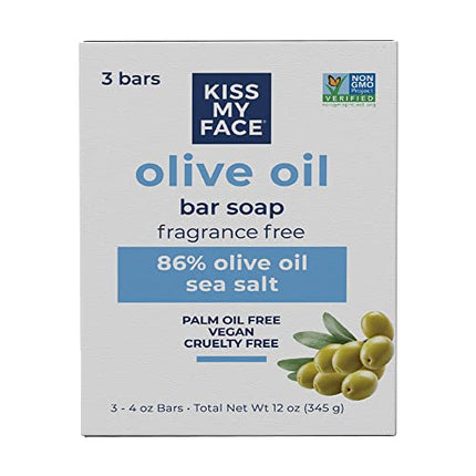 Kiss My Face Olive Oil Fragrance Free Bar Soap, Moisturizing Bar Soap, Cruelty Free Vegan Soap, Palm Oil Free, 4 Oz - 3 Count (Pack of 1)