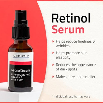 YEOUTH Retinol Serum for Face with Hyaluronic Acid Face Serum for Women, Retinol for Acne & Wrinkles, Hydrating Anti Aging Serum, Retinol for Face 1oz