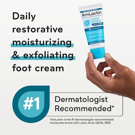 AmLactin Foot Repair Cream - 3 oz Foot Cream for Dry Cracked Heels with 15% Lactic Acid - Exfoliator and Moisturizer for Dry Skin & Foot Care (Packaging May Vary)