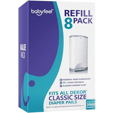 Babyfeel Refills Compatible with DEKOR CLASSIC Diaper Pails | 8 Pack | Exclusive 30% Extra Thickness | Diaper Pail Refills with Powerful Odor Elimination | Powder Scent | Holds up to 3960 Diapers