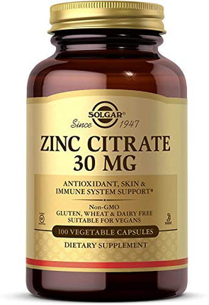 Solgar Zinc Citrate Vegetable Capsules, 100 Count, Non-GMO, Gluten Free, and Kosher, Supports Immune System Health, Healthy Skin and Eyes, Normal Taste and Vision