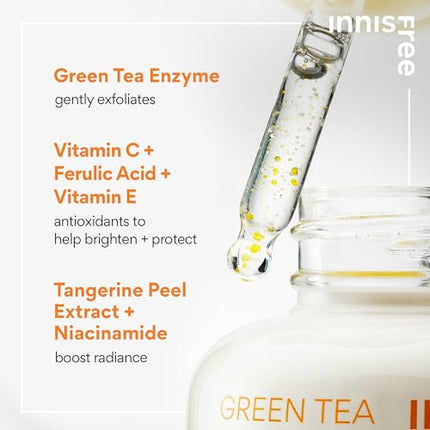 innisfree Green Tea Enzyme Vitamin C Brightening Serum for Dark Spot Fading, Korean Face Serum for Glow