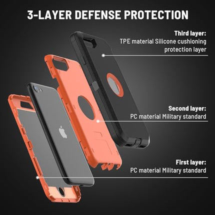 pdxox for iPhone SE Case Heavy Duty Protective Cover for iPhone SE 2022(3rd Gen) iPhone SE 2020(2nd Gen) Screen Dust Protection Wireless Charging Shockproof Non-Slip Protective Case（Black/Orange）