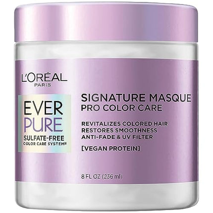 L’Oréal Paris EverPure Sulfate Free Signature Masque Pro Color Care, Hair Mask for Dry, Color Treated Hair, UV Filter, with Vegan Protein, Vegan Formula, Paraben Free, Dye Free, Gluten Free, 8 fl oz