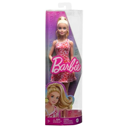 Barbie Fashionistas Doll #205 with Blonde Ponytail, Pink & Red Floral Dress, Platform Sandals & Hoop Earrings