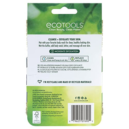 EcoTools Exfoliating Body Buffer, For Body Cleansing, Removes Dead Skin, Moderate Exfoliation, Bath & Shower Accessory, Designed With Strap, Sustainable & Vegan Body Scrubber, 4 Count