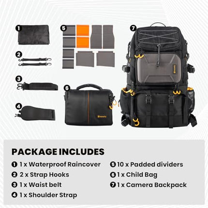 TARION Pro 2 Bags in 1 Camera Backpack Large with 15.6" Laptop Compartment Waterproof Rain Cover Extra Large Travel Hiking Camera Backpack DSLR Bag