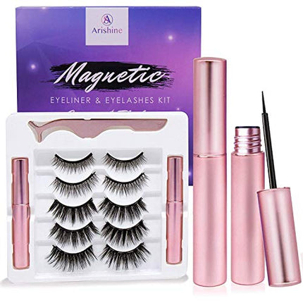 Arishine Magnetic Eyeliner and Lashes Kit, Magnetic Eyeliner for Magnetic Lashes Set, With Reusable Lashes [5 Pairs] Black