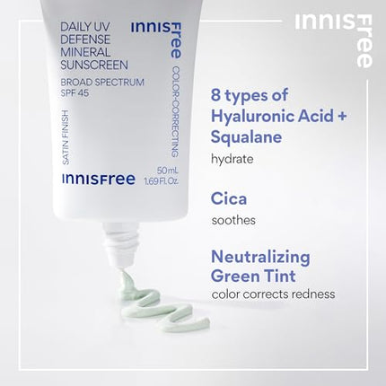 innisfree Daily UV Defense Mineral Sunscreen Broad Spectrum SPF 45 with Sooting Cica and Color Correcting Green Tint
