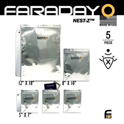 Faraday Defense 5pc Kit NEST-Z Faraday Bag EMP/Solar-Flare Prepper Ultra Thick - Military Grade Design, Superior Shielding Performance, Phones - Radios - Hard Drives - Tablets - Laptops Made in USA