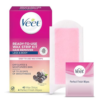 Veet Ready-To-Use Waxing Kit For Women | Wax Strips For Body Hair Removal, Wax Kit For Ingrown Hair Treatment, Personal Care Product, Hair Remover | 40ct Waxing Strips, 4ct Body Wipes