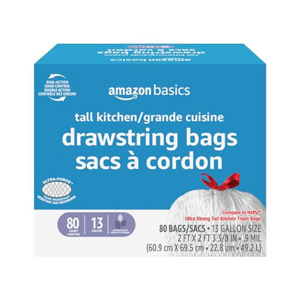 Amazon Basics Force Flex Tall Kitchen Drawstring Trash Bags, Lavender Scented, 13 Gallon, 80 Count, Pack of 1