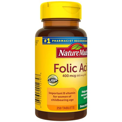Nature Made Folic Acid 400 mcg (665 mcg DFE), Dietary Supplement for Nervous System Function, 250 Tablets, 250 Day Supply