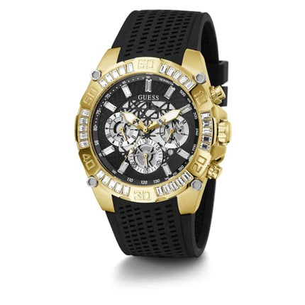 Buy GUESS Men's Sport Multifunction Cut-Thru 46mm Watch â€“ Gold-Tone Stainless Steel Case Black Dial & Black Silicone Strap in India India