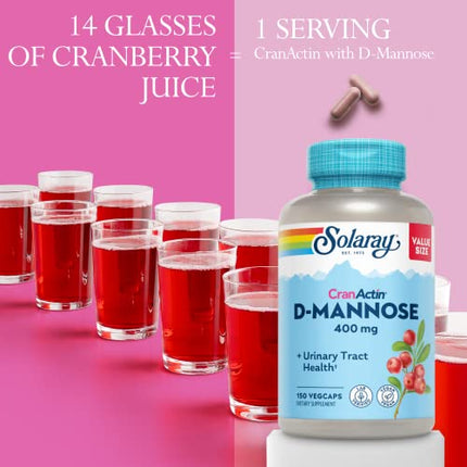 Solaray D-Mannose with CranActin Cranberry Supplement 400mg, Urinary Tract Health & Bladder Support Capsules with Vitamin C, Vegan, 60 Day Guarantee, 75 Servings, 150 VegCaps