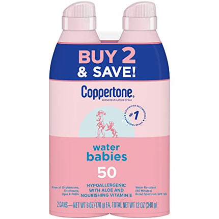 Coppertone Water Babies Sunscreen Lotion Spray SPF 50, Water Resistant, Pediatrician Recommended for Babies, 6 Oz Spray, Pack of 2
