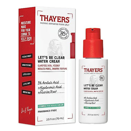 THAYERS Let's Be Clear Water Face Cream, Moisturizer with Azelaic Acid and Hyaluronic Acid, Skin Care for Combination to Oily Skin, 2.5 Oz