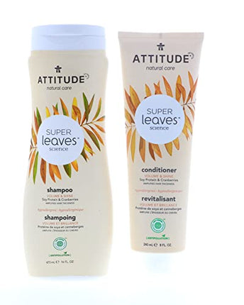 ATTITUDE Super Leaves Volume Shine Shampoo Conditioner- Soy Protein & Cranberries Bundle with Vitamin B5 Watercress Indian Cress, Raspberry, 16 Fl Oz and 8 oz, 2 count