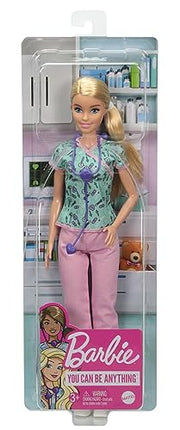 Barbie Nurse Fashion Doll with Medical Tool Print Top & Pink Pants, White Shoes & Stethoscope Accessory