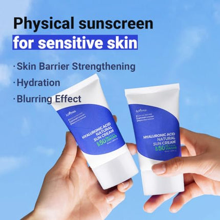 ISNTREE Hyaluronic Acid Natural Suncream SPF50 PA++++ 50ml, 1.69 fl.oz | Evens out skin tone | Lightweight sunscreen | Replenishes moisture