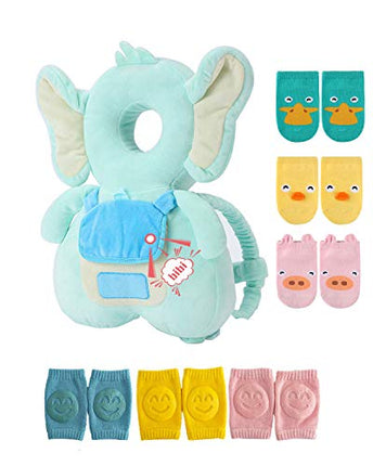 Head Safety Protector Pad for Baby Toddler Walker,Infant Talking Head Protection Backpack Cushion (Z Light Blue Elephant Sets)