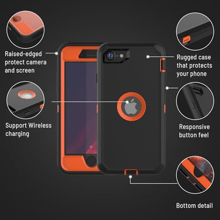 pdxox for iPhone SE Case Heavy Duty Protective Cover for iPhone SE 2022(3rd Gen) iPhone SE 2020(2nd Gen) Screen Dust Protection Wireless Charging Shockproof Non-Slip Protective Case（Black/Orange）