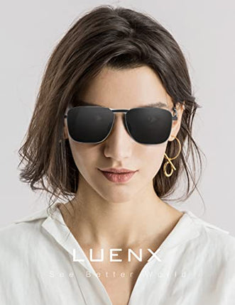 LUENX Men Rectangular Polarized Sunglasses Square Retro Shades - Black Lens Gunmetal Frame 59mm