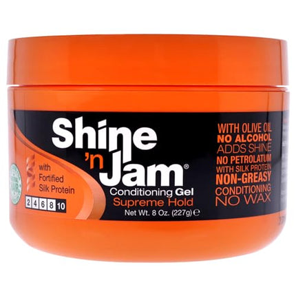 AMPRO Shine-n-Jam Supreme Hold - Conditions Hair with Olive Oil and Silk Protein - Great for Smoothing Fringe, Ponytails, and Up-dos - Firms Tresses with Non-Greasy Shine - 8 oz