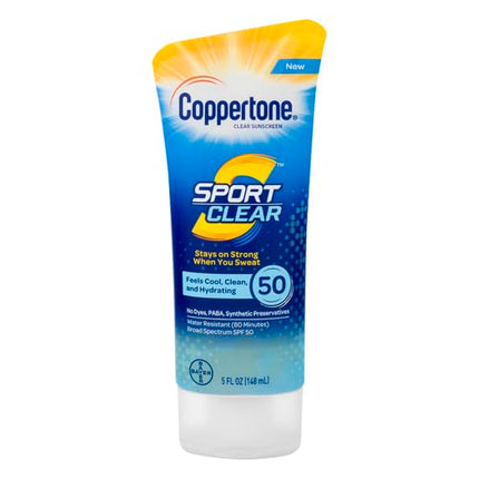 Coppertone SPORT Clear Sunscreen Lotion SPF 50, Water Resistant Sunscreen, Broad Spectrum SPF 50 Sunscreen, 5 Fl Oz Tube