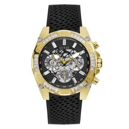 Buy GUESS Men's Sport Multifunction Cut-Thru 46mm Watch â€“ Gold-Tone Stainless Steel Case Black Dial & Black Silicone Strap in India India