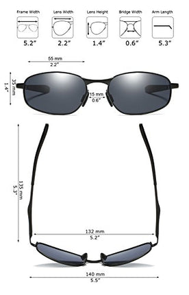 ZHILE Polarized Sunglasses Small Size Rectangular Wrap Metal Frame UV400 Protection (Black, 53)
