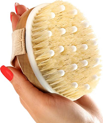 Dry Brushing Body Brush (Reduce Cellulite) Dry Brush for Cellulite and Lymphatic Drainage, Exfoliating Brush with Soft Massage Nodules, Shower Brush Body Scrubber 100% Natural Bristle Brush