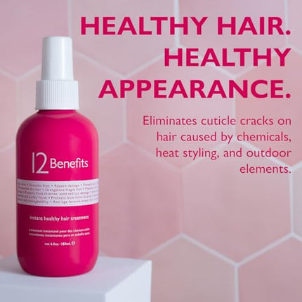 12 Benefits Instant Healthy Hair Treatment - Leave In Conditioner Spray with Quaternium 39 and Silk Fibre Protein - Smooths Frizz, Strengthens & Repairs Damaged Hair - Made in USA, (6 Fl Oz)