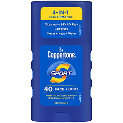 Coppertone Sport Sunscreen Spray, Broad Spectrum SPF 50 Water Resistant Spray Sunscreen, 5.5 Oz and Coppertone Sport Sunscreen Stick, SPF 40, 1.5 Oz