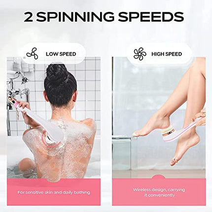 Body Brush Rechargeable, Electric Body Brush Set, Scrubber Shower Brush with Long Handle, Spin Skin Brush with 6 Brush Heads for Cleanse, Massage, exfoliate and Pamper Your Skin in The Shower (Pink)