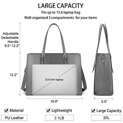Laptop Bag for Women 15.6 inch Laptop Tote Bag Leather Classy Computer Briefcase for Work Waterproof Handbag Professional Shoulder Bag Women Business Office Bag Large Capacity Grey