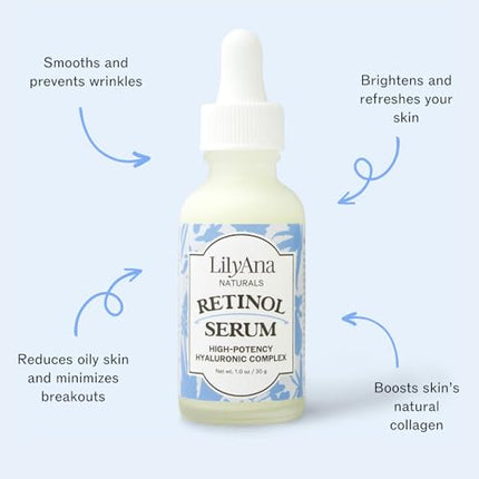 LilyAna Naturals Serum for Face - Made in USA, Face Serum with Hyaluronic Acid and Vitamin E, Anti Aging Serum, Reduces Age Spots and Sun Damage, Promotes Collagen and Elastin (Retinol, 1oz)