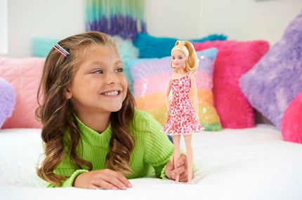 Barbie Fashionistas Doll #205 with Blonde Ponytail, Pink & Red Floral Dress, Platform Sandals & Hoop Earrings