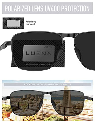 LUENX Men Rectangular Polarized Sunglasses Square Retro Shades - Black Lens Gunmetal Frame 59mm