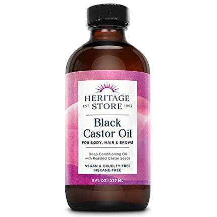 HERITAGE STORE Black Castor Oil, Traditionally Roasted, Rich Hydration for Hair & Skin, Bold Lashes & Brows 8oz