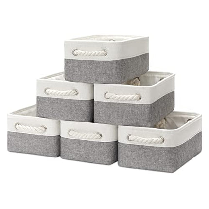 Bidtakay Small Baskets for Organizing Fabric Storage Baskets for Shleves 6 Pack Collapsible Closet Storage Bins with Handles Linen Organizer Baskets for Bathroom Nursery Home Storage (White&Grey)