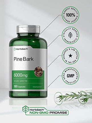 Pine Bark Extract | 6000 mg | 180 Capsules | Standardized to Contain 380 mg Proanthocyanidins | Non-GMO, Gluten Free Supplement | High Potency Extract Formula | by Horbaach