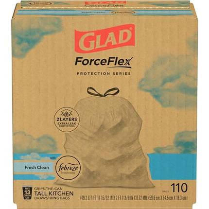 Glad ForceFlex Tall Kitchen Drawstring Trash Bags, 13 Gal, Fresh Clean, 110 Ct, Pack May Vary