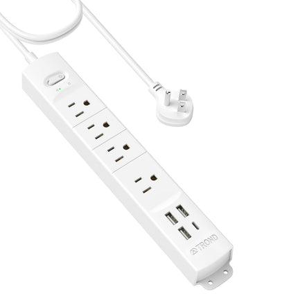 TROND Surge Protector Power Strip with USB, Ultra Thin Flat Plug 6ft Extension Cord 1625W, 3 USB A & 1 Type C, 4 AC Outlets 1440J Surge Protection ETL Listed, Wall Mount for Home Office Dorm, White