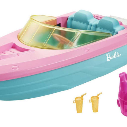Barbie Toy Boat with Pet Puppy, Life Vest and Beverage Accessories, Fits 3 Dolls and Floats in Water