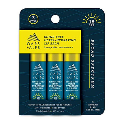 Oars + Alps Shine Free Lip Balm and SPF 18 Sunscreen, Lip Care with Sunny Mint Scent, Water and Sweat Resistant, 0.15 Oz Each, 3 Pack