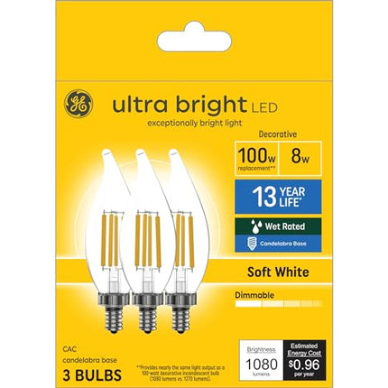 Buy GE Ultra Bright LED Light Bulbs, 100W, Soft White Candle Lights, Clear Decorative CA12 Light Bulbs, Candelabara Base (3 Pack) in India