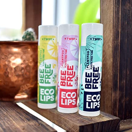 Eco Lips Bee Free Variety Pack Vegan Lip Balm | Candelilla Wax, Cocoa Butter & Coconut Oil Lip Care. Soothe & Moisturize Dry, Chapped Lips - 100% Plastic-Free Plant Pod Packaging - Made in USA
