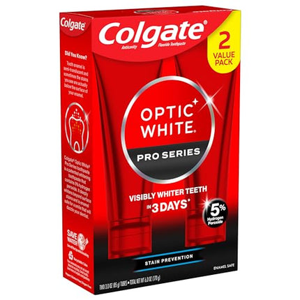 Colgate Optic White Pro Series Whitening Toothpaste with 5% Hydrogen Peroxide, Stain Prevention, 3 oz Tube, 2 Pack