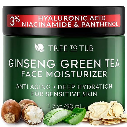 Tree to Tub Hydrating Face Moisturizer for Dry & Sensitive Skin - Water Based Hyaluronic Acid Facial Moisturizer, Moisturizing Face Cream for Women & Men w/Organic Aloe, Green Tea, Natural Ginseng